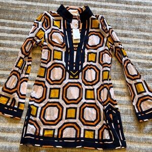 Tory Burch Navy and Orange Geometric Tunic